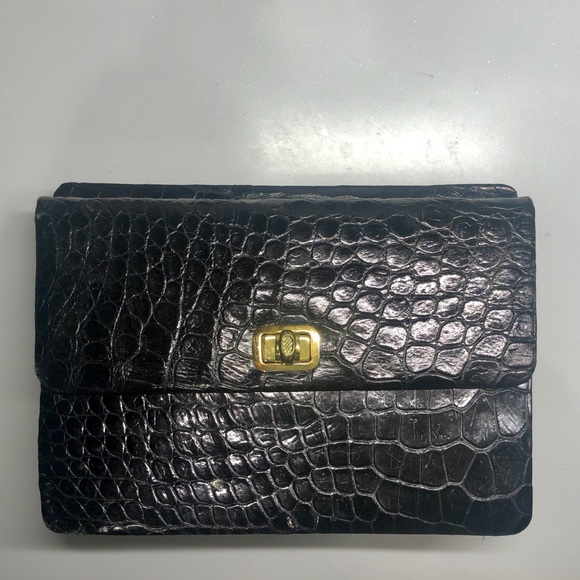 Chic clutch vintage croc embossed dual-sided gold clasps 9”x7” - Picture 4 of 11